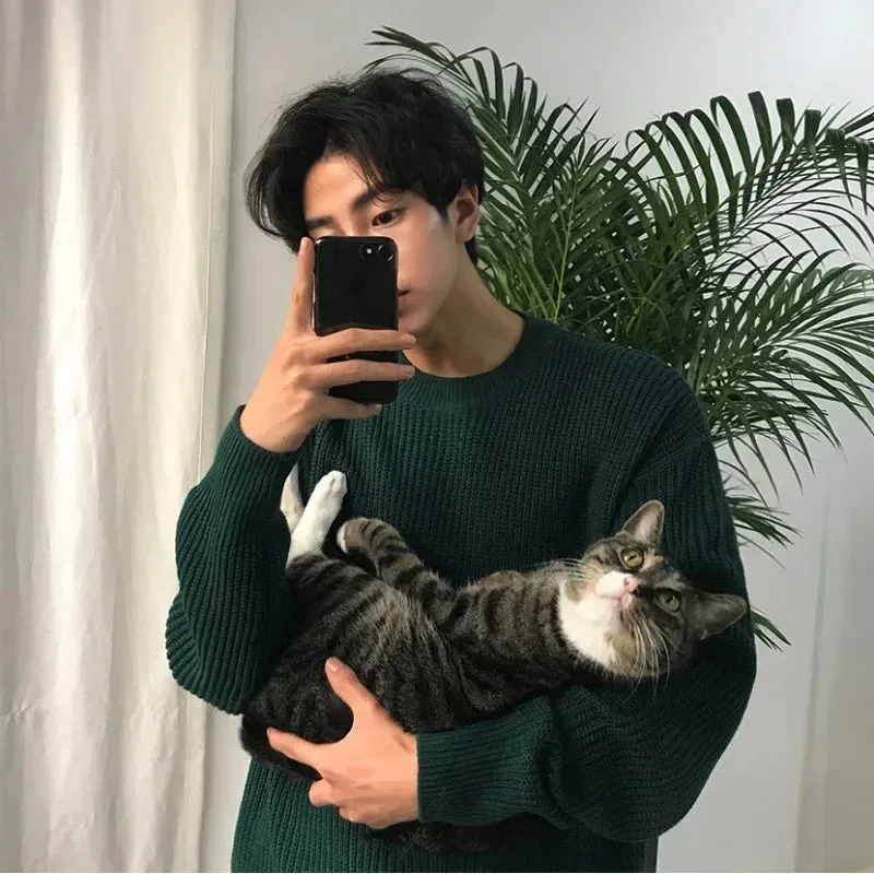 Aidase Boys Green Knitted Sweaters Korean Long Sleeve Knit Top Casual Pullover Men Knitted Sweater Oversize Knitwear Male Knit Top XXL