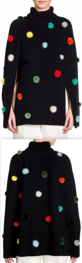 Black Pom-Pom Turtleneck Cape-Sweater