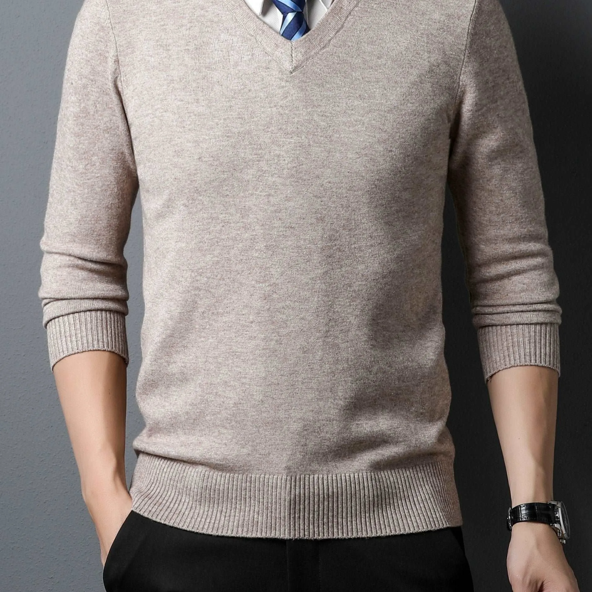 Cozy & Stylish Men's Knitted V-neck Sweaters: Perfect Autumn Knitwear in Black, Camel, & Grey"