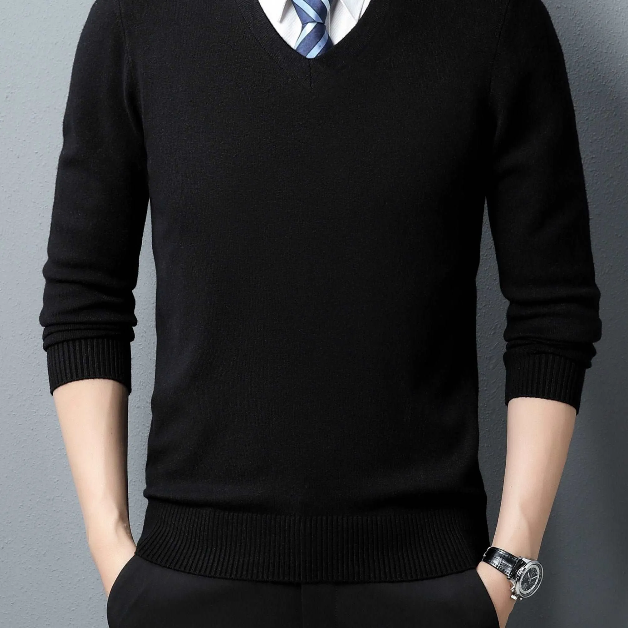 Cozy & Stylish Men's Knitted V-neck Sweaters: Perfect Autumn Knitwear in Black, Camel, & Grey"