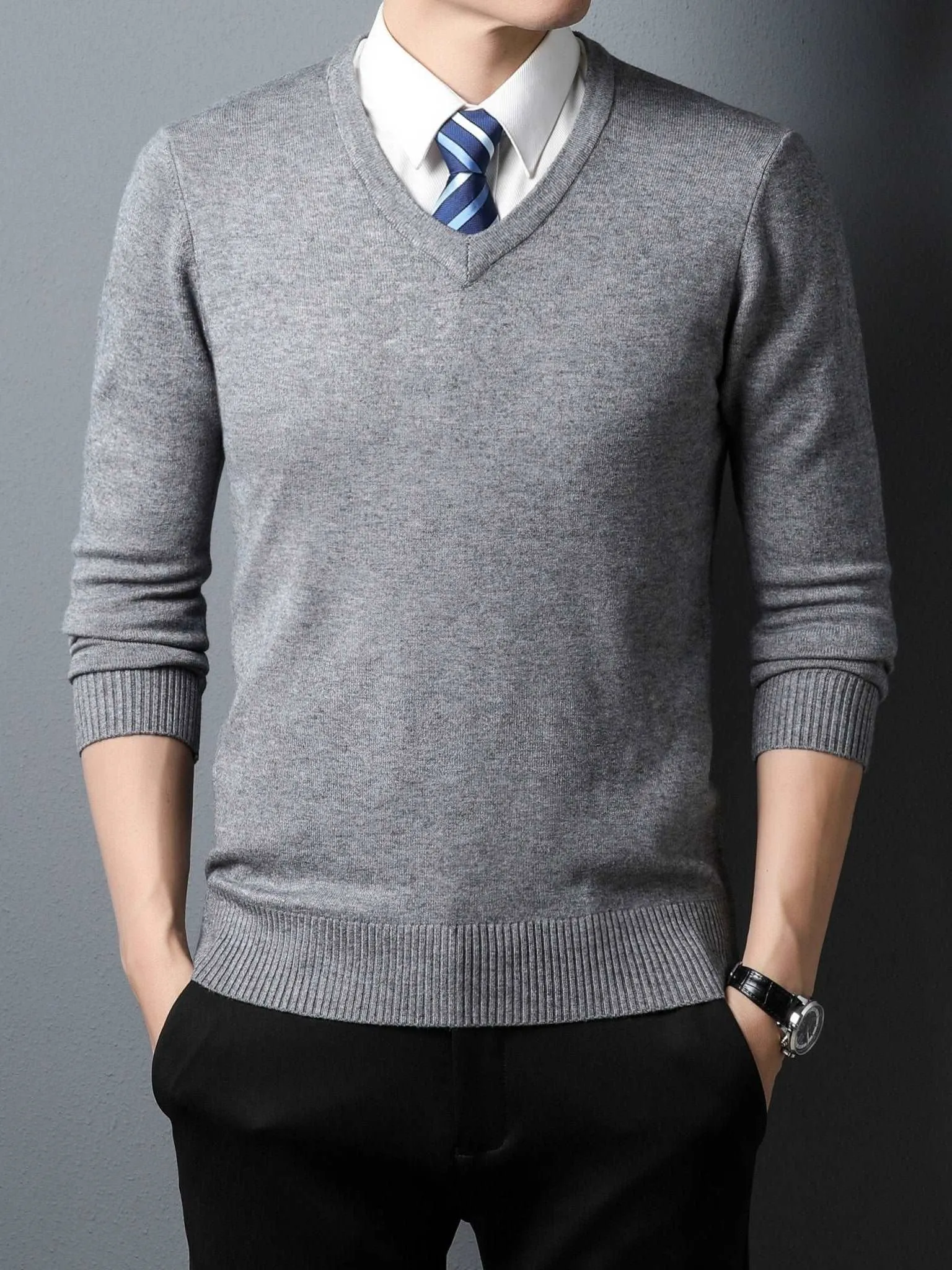 Cozy & Stylish Men's Knitted V-neck Sweaters: Perfect Autumn Knitwear in Black, Camel, & Grey"