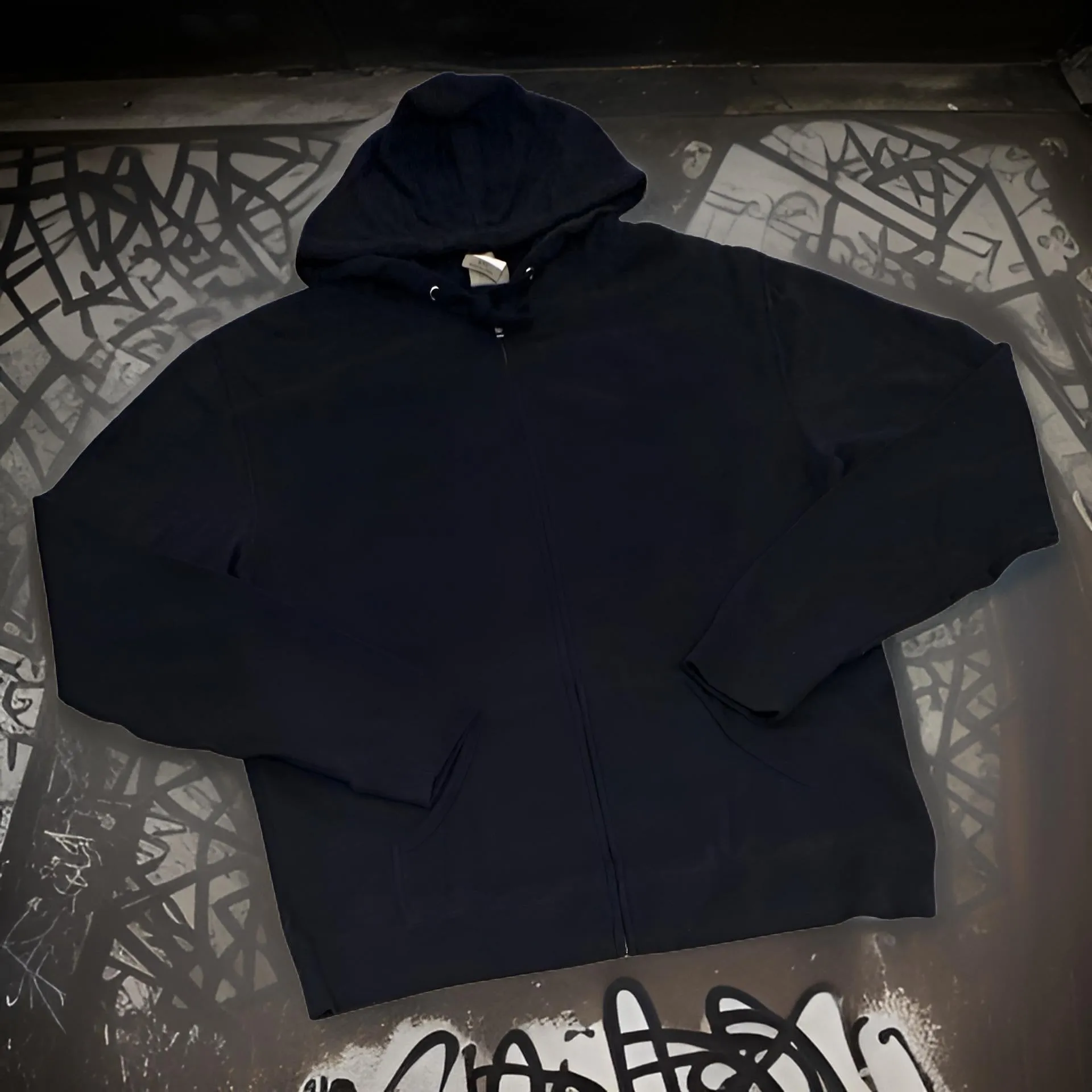 *DESIGN BY HUMANS* (DARK NAVY) ZIP UP HOODIE (DISTRESSED LOGO STYLE)