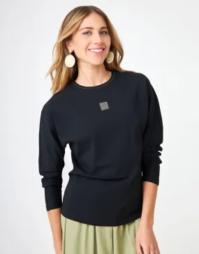 Dolman Crew Tee with Back Button and Micro Bead Trim Black