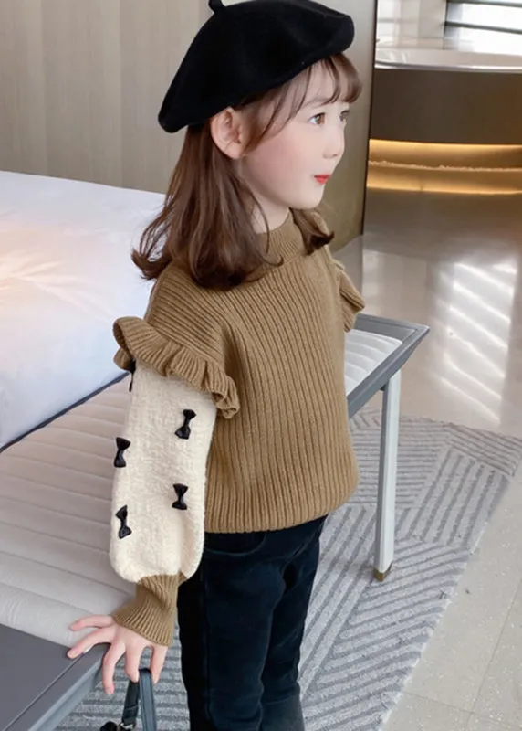 Elegant Khaki Ruffled Patchwork Bow Cotton Knit Kids Sweaters Winter WL046