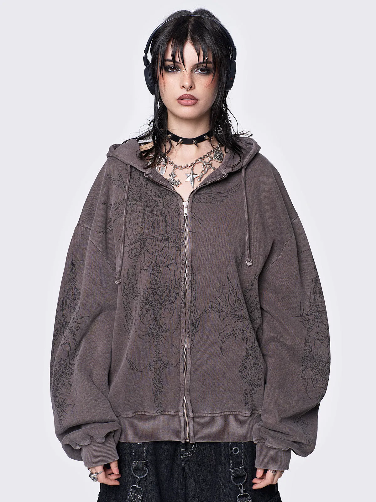 Enigmatic Brown Wash Oversized Zip Up Hoodie