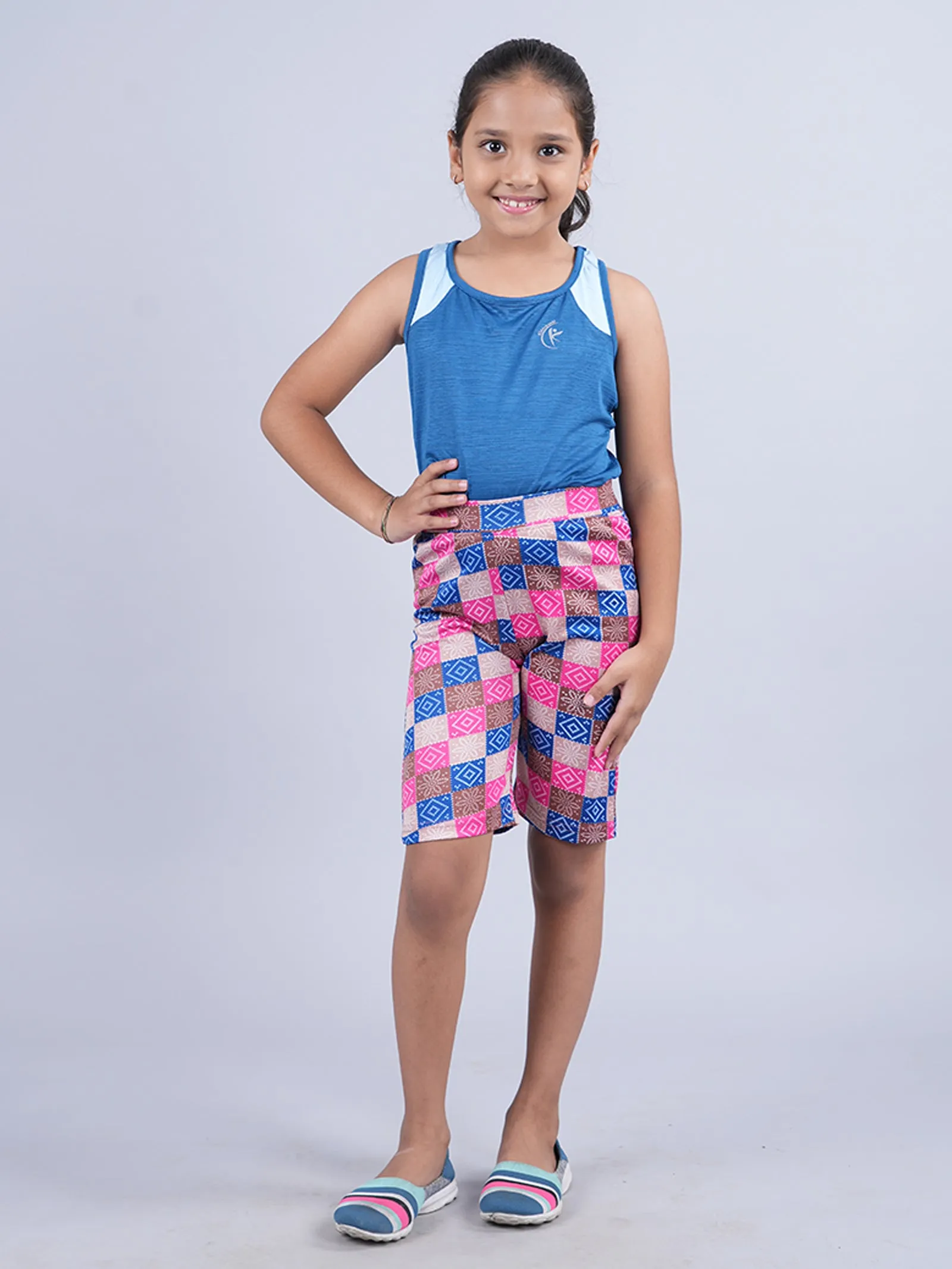 Girls Cut & Sew Round Neck Tank Top & Cycling Shorts  Set