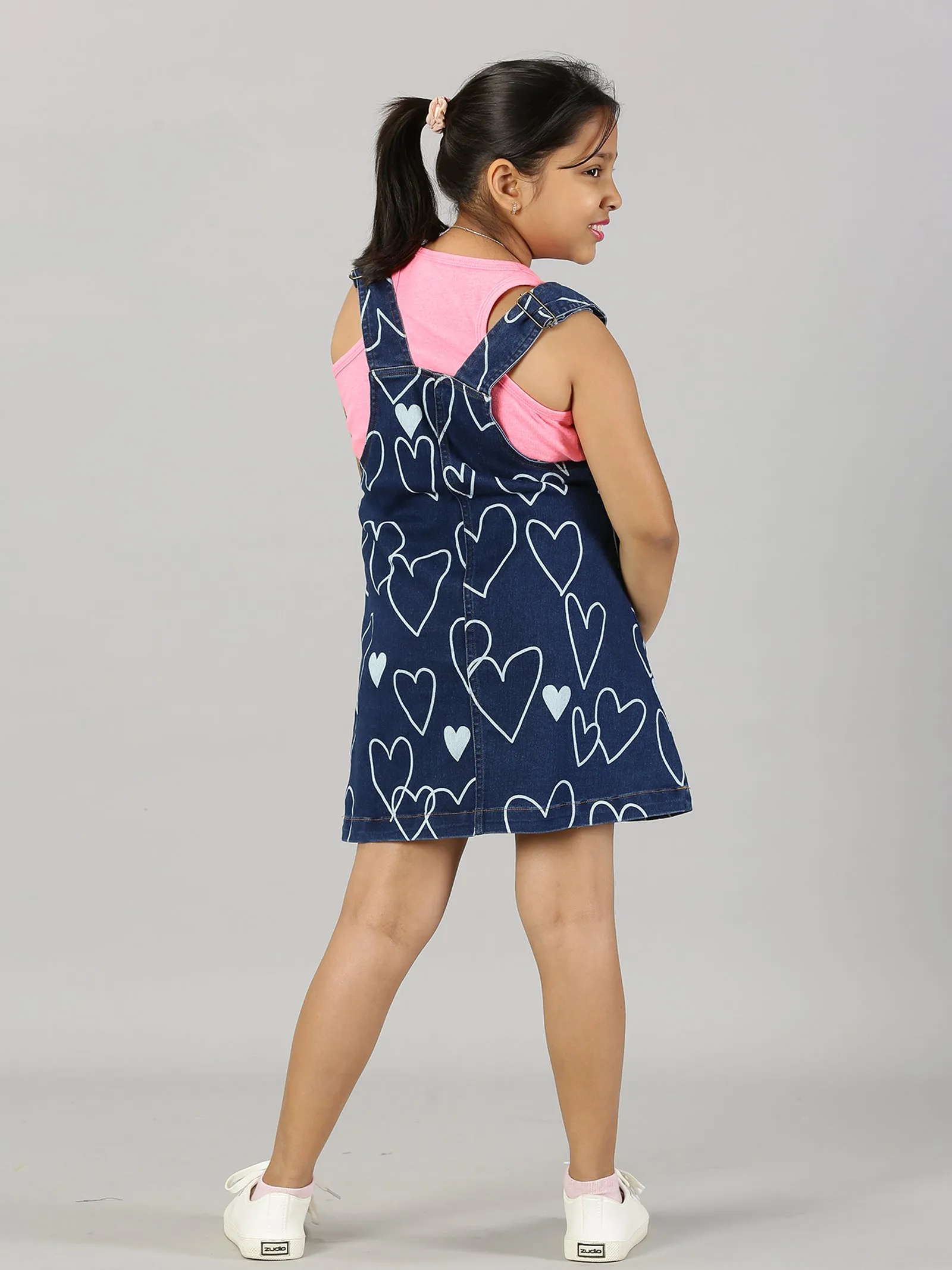 Girls Racer Back Tank Top & Denim Dungaree Skirt Set