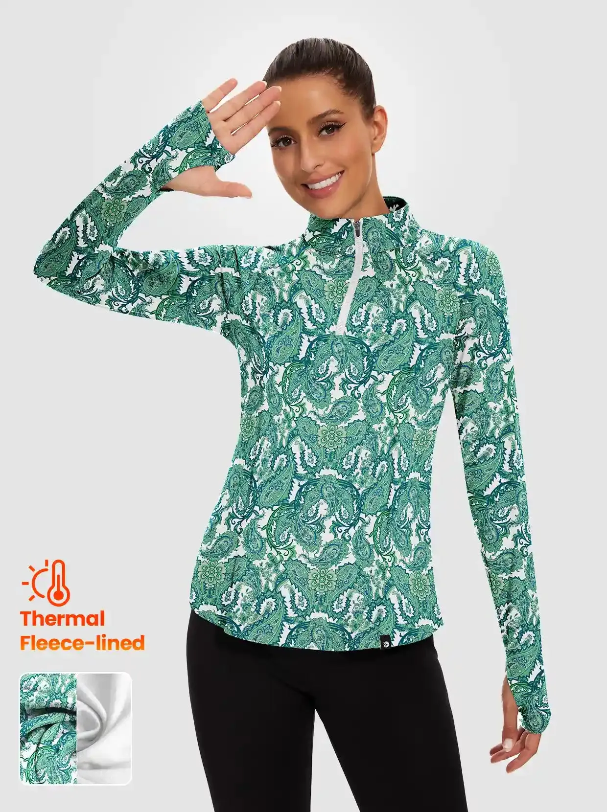 Green Paisley Quarter-zip Long-sleeve Fleece Top for Women