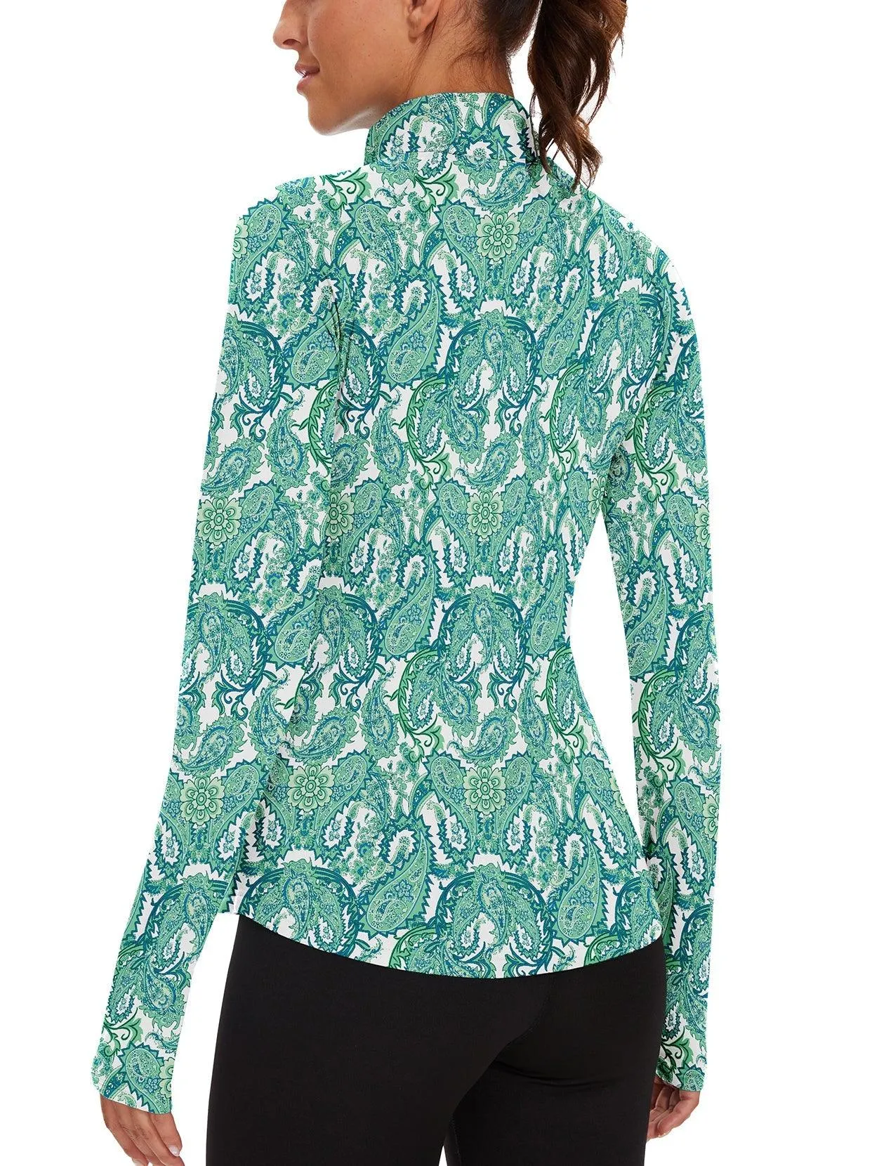 Green Paisley Quarter-zip Long-sleeve Fleece Top for Women