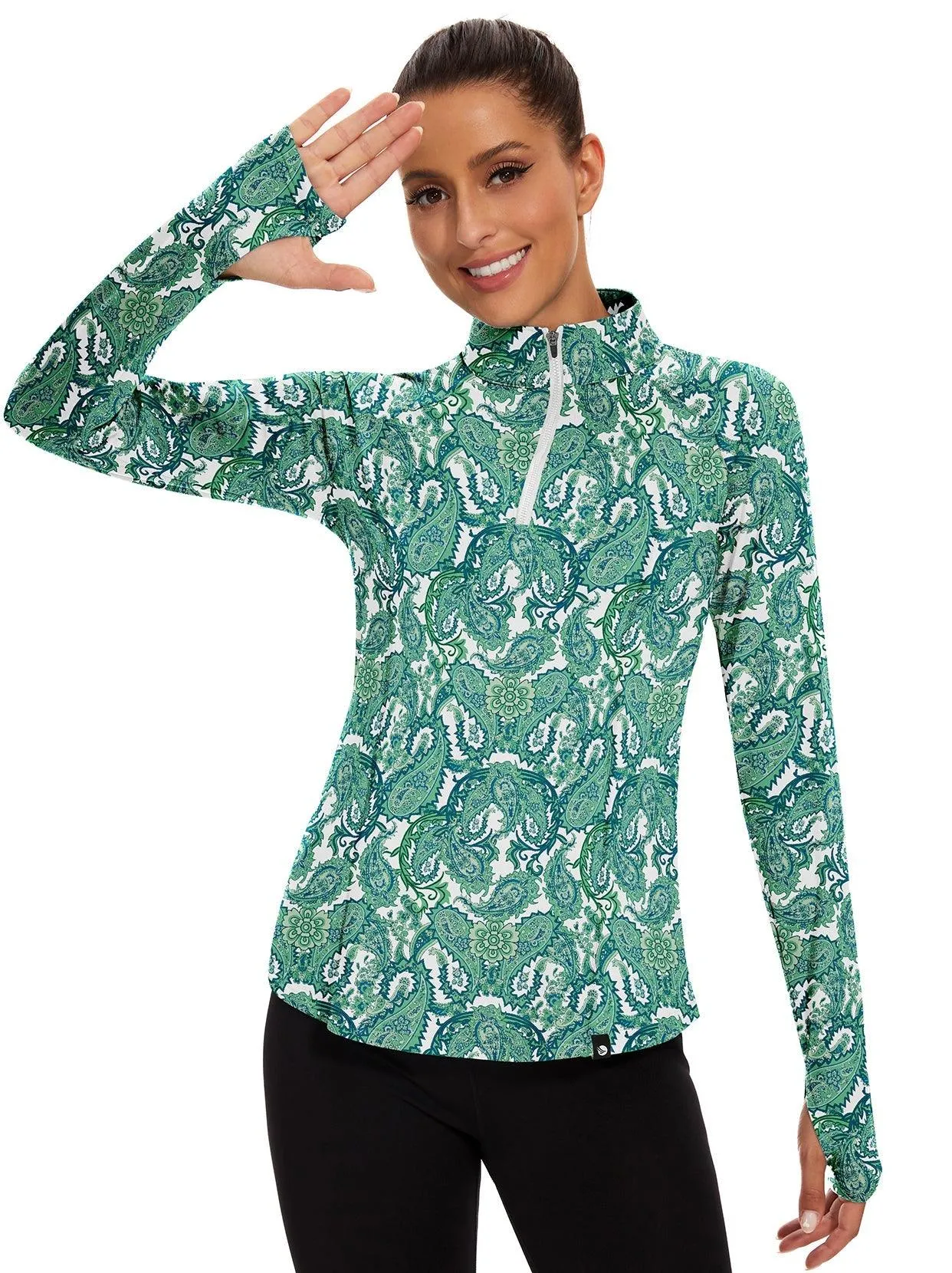 Green Paisley Quarter-zip Long-sleeve Fleece Top for Women