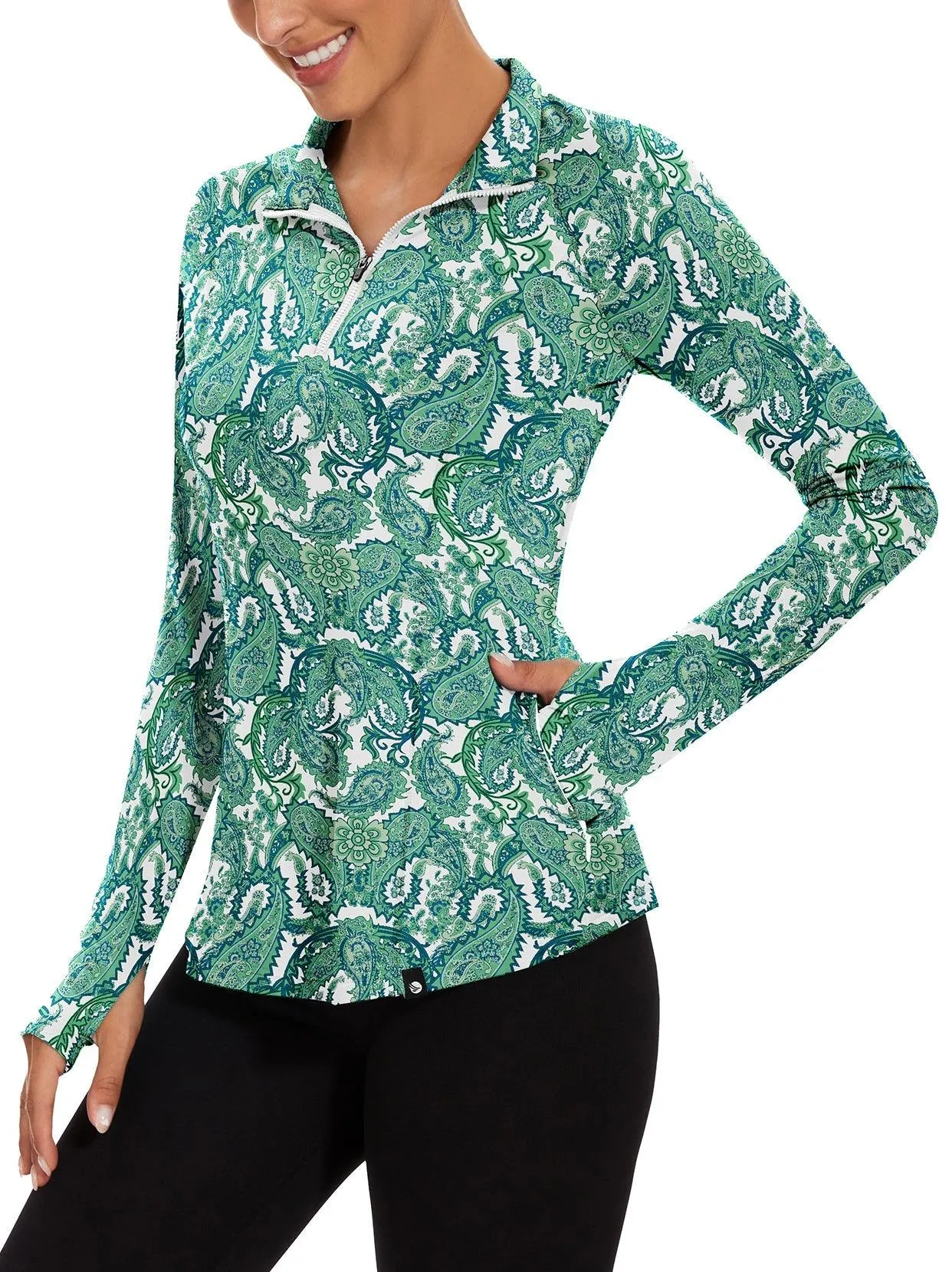 Green Paisley Quarter-zip Long-sleeve Fleece Top for Women