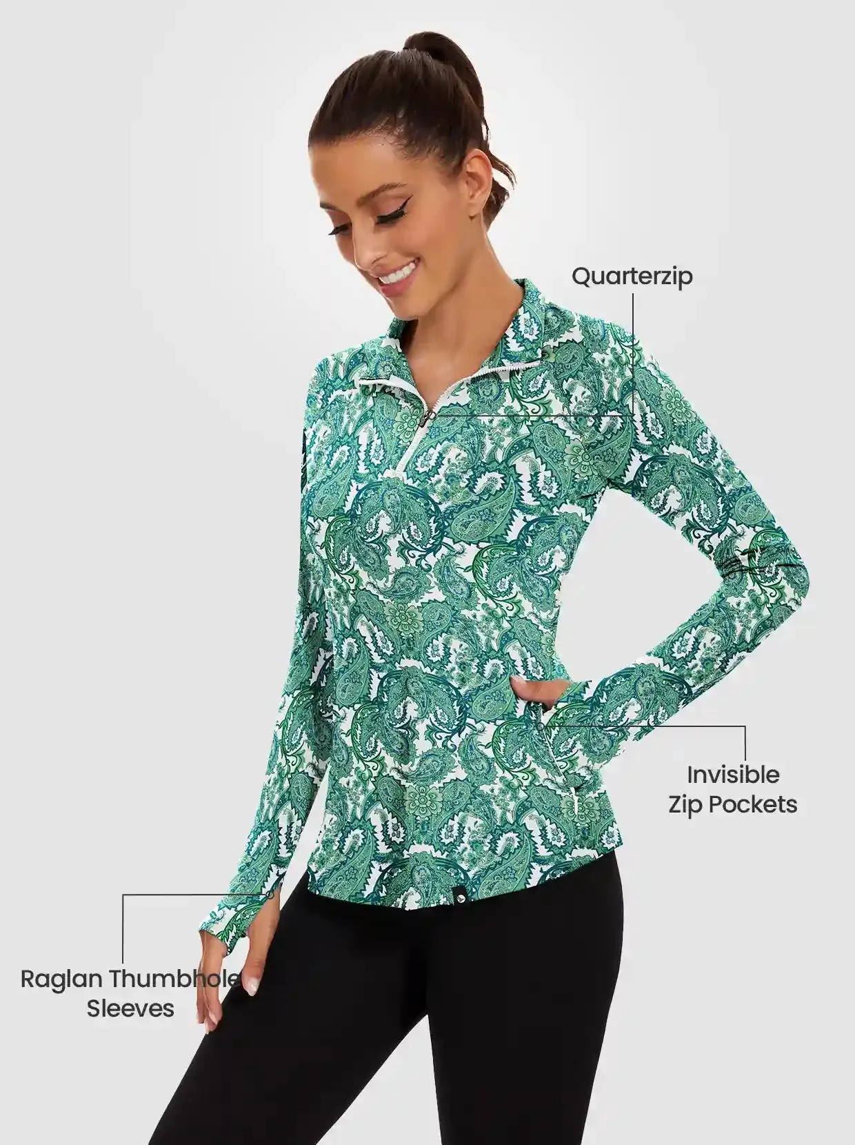 Green Paisley Quarter-zip Long-sleeve Fleece Top for Women