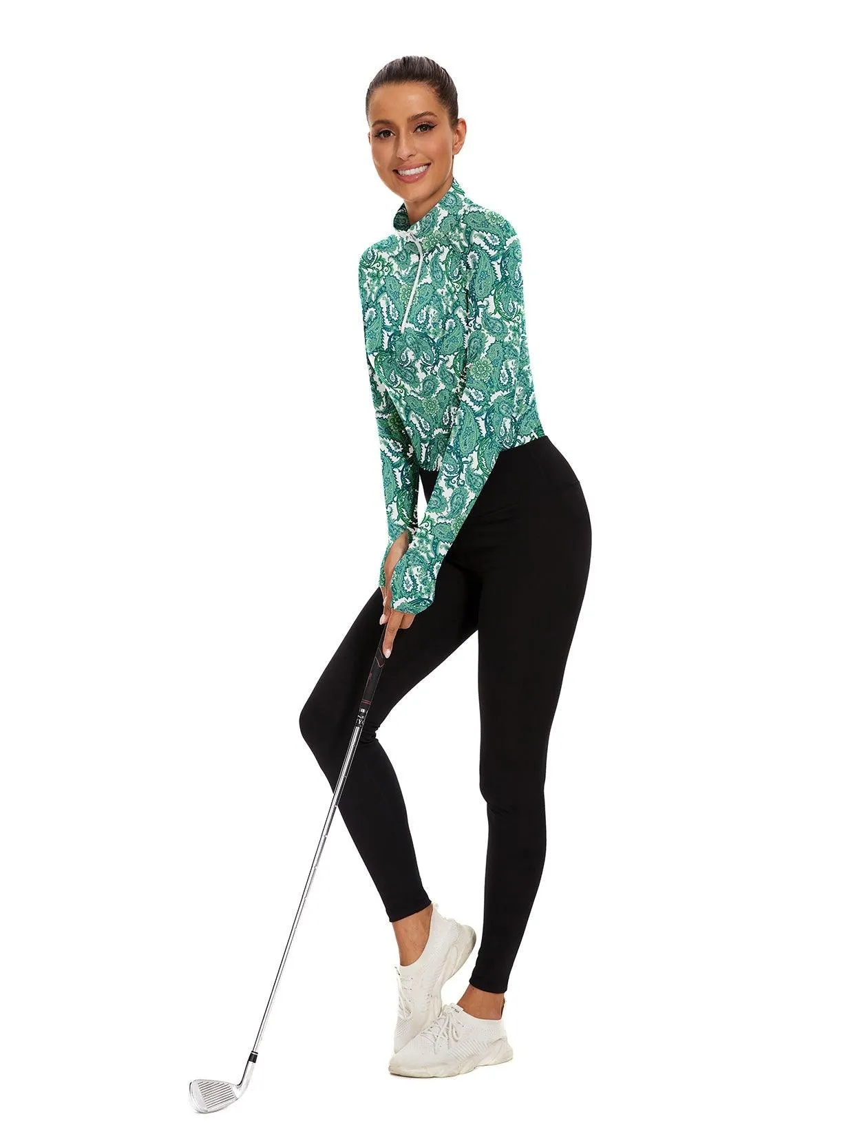 Green Paisley Quarter-zip Long-sleeve Fleece Top for Women