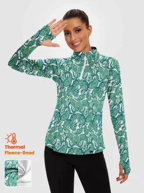 Green Paisley Quarter-zip Long-sleeve Fleece Top for Women