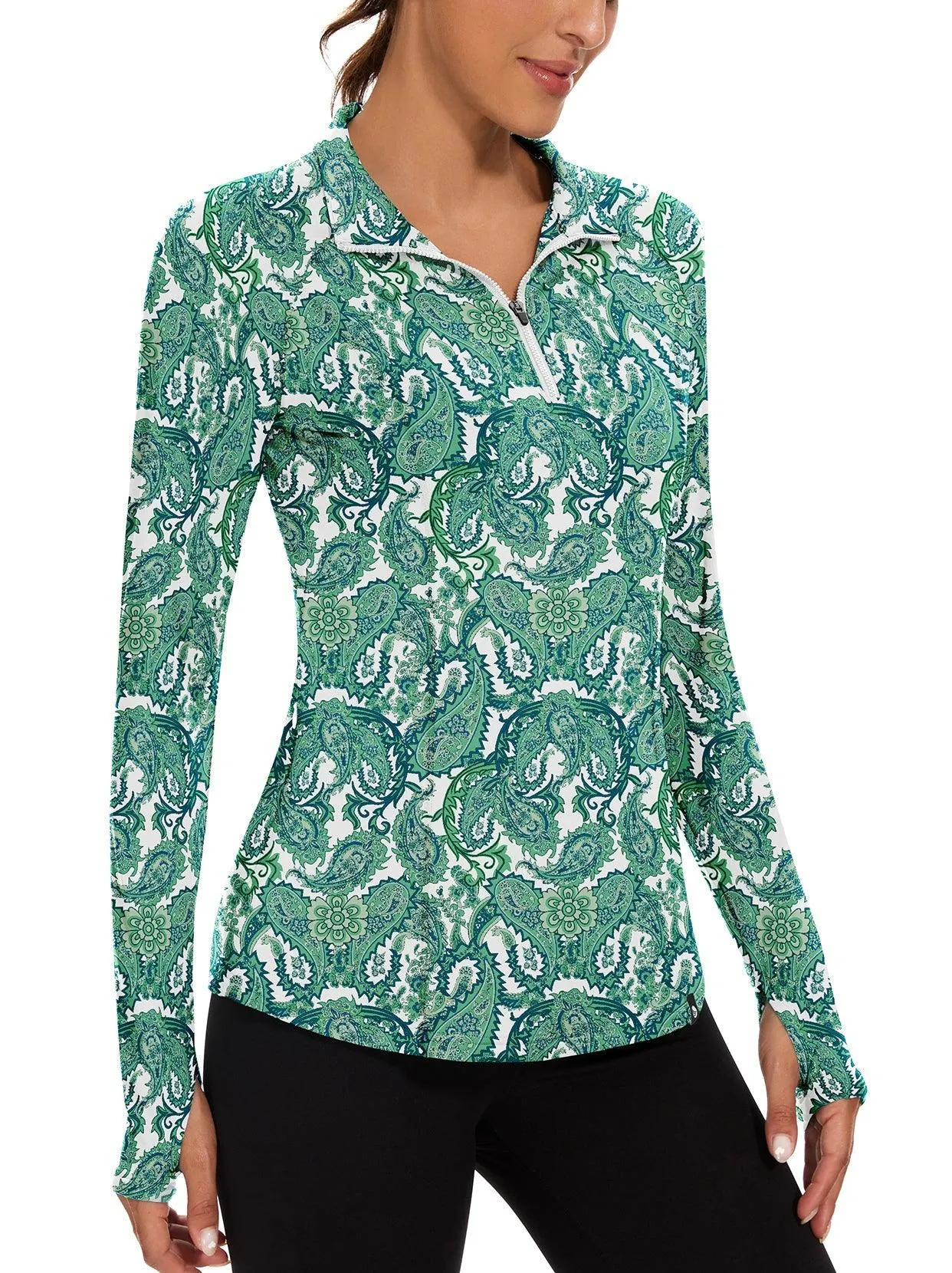 Green Paisley Quarter-zip Long-sleeve Fleece Top for Women