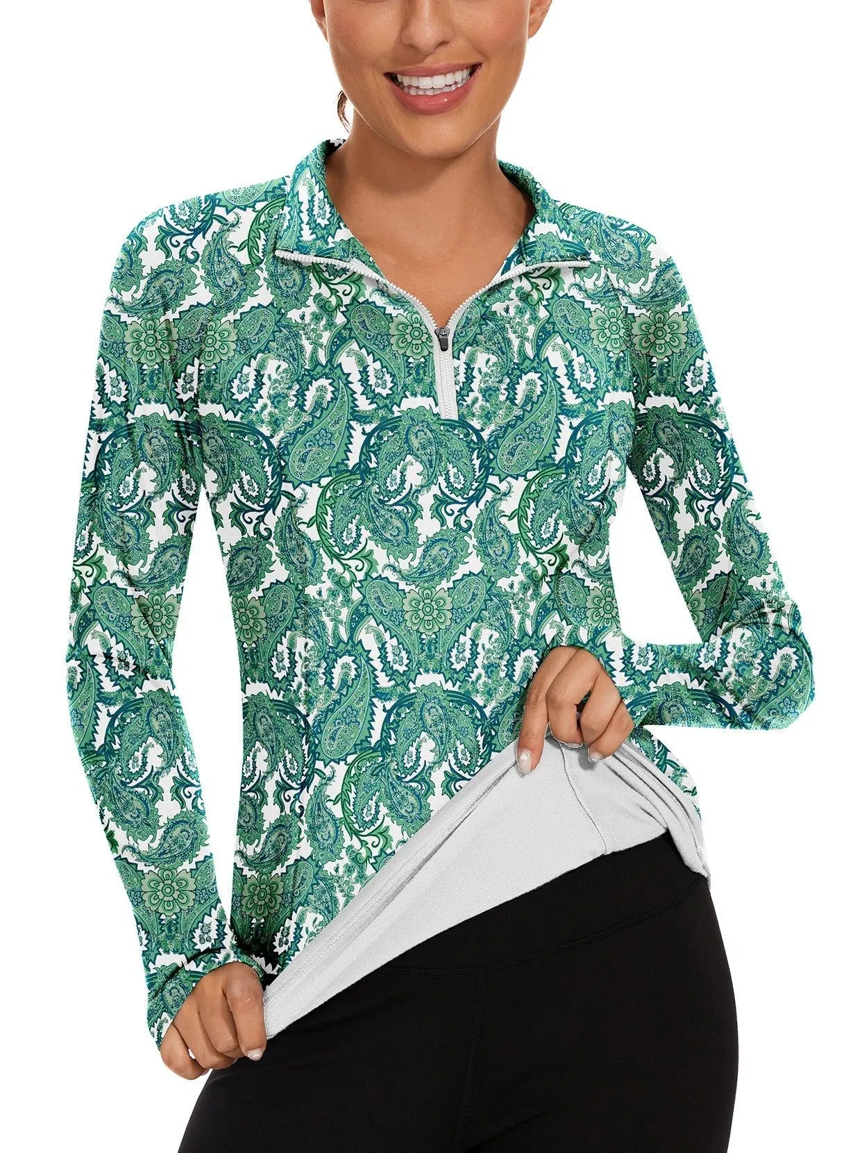 Green Paisley Quarter-zip Long-sleeve Fleece Top for Women