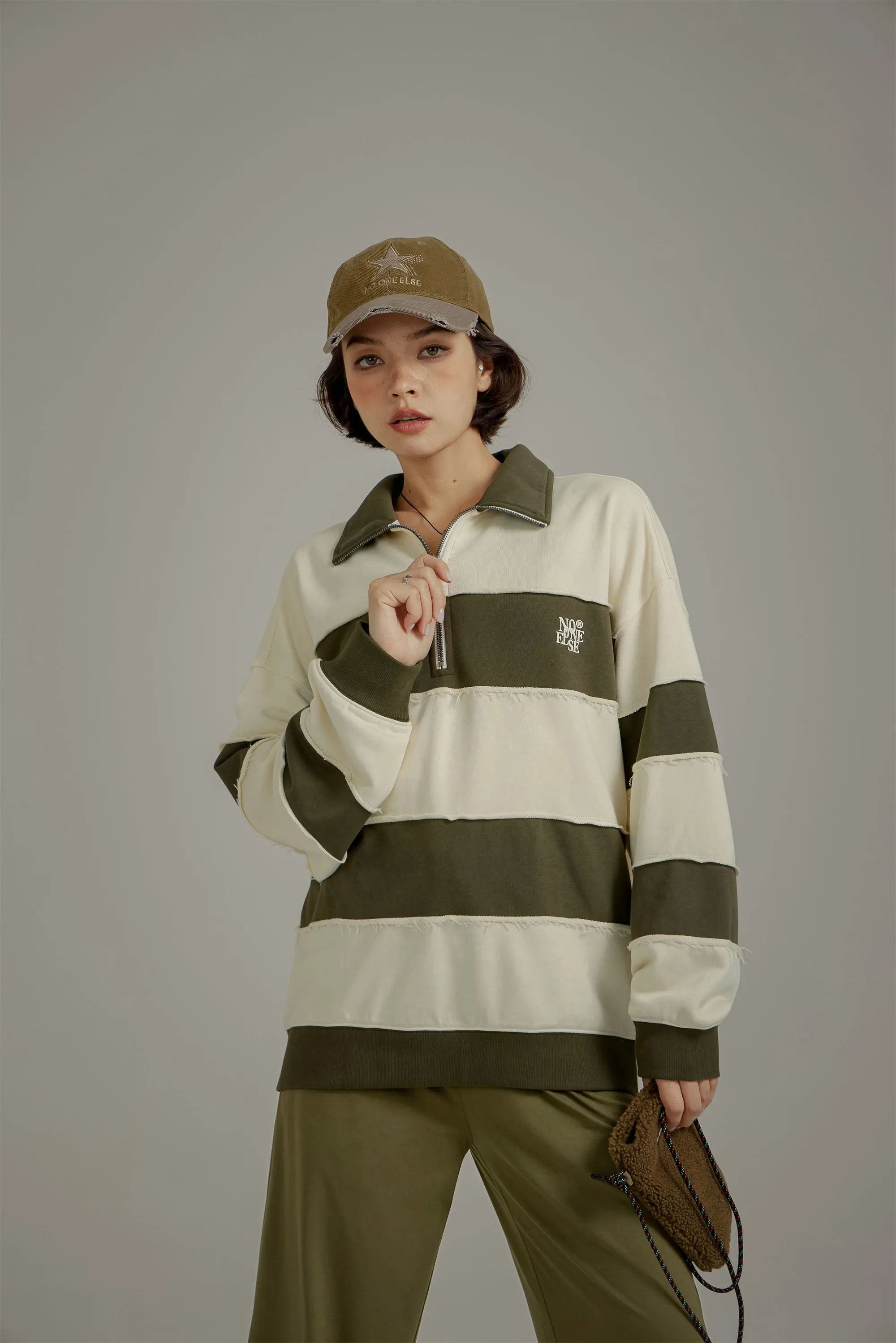 Half Zip-Up Color Striped Sweatshirt