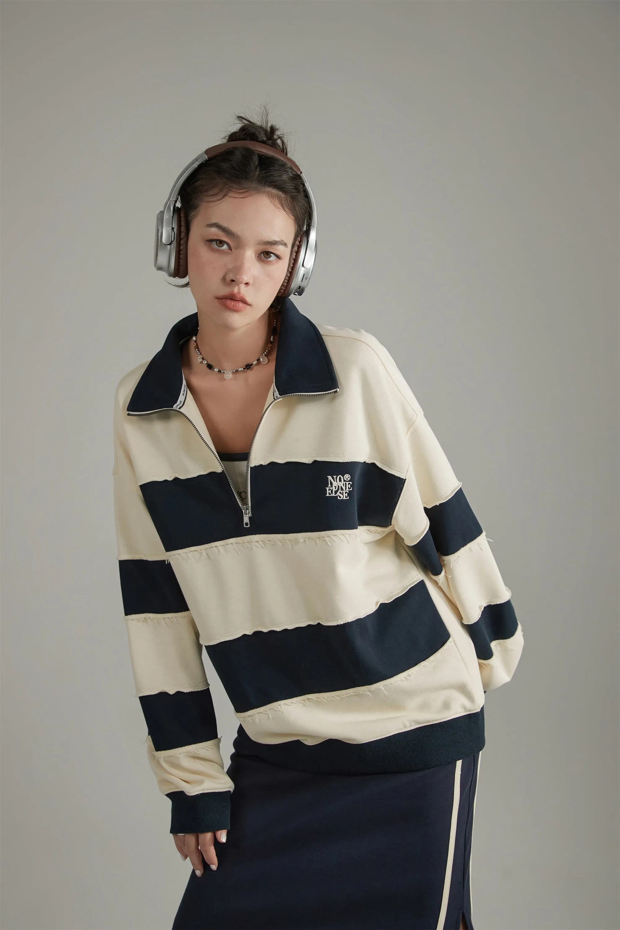 Half Zip-Up Color Striped Sweatshirt