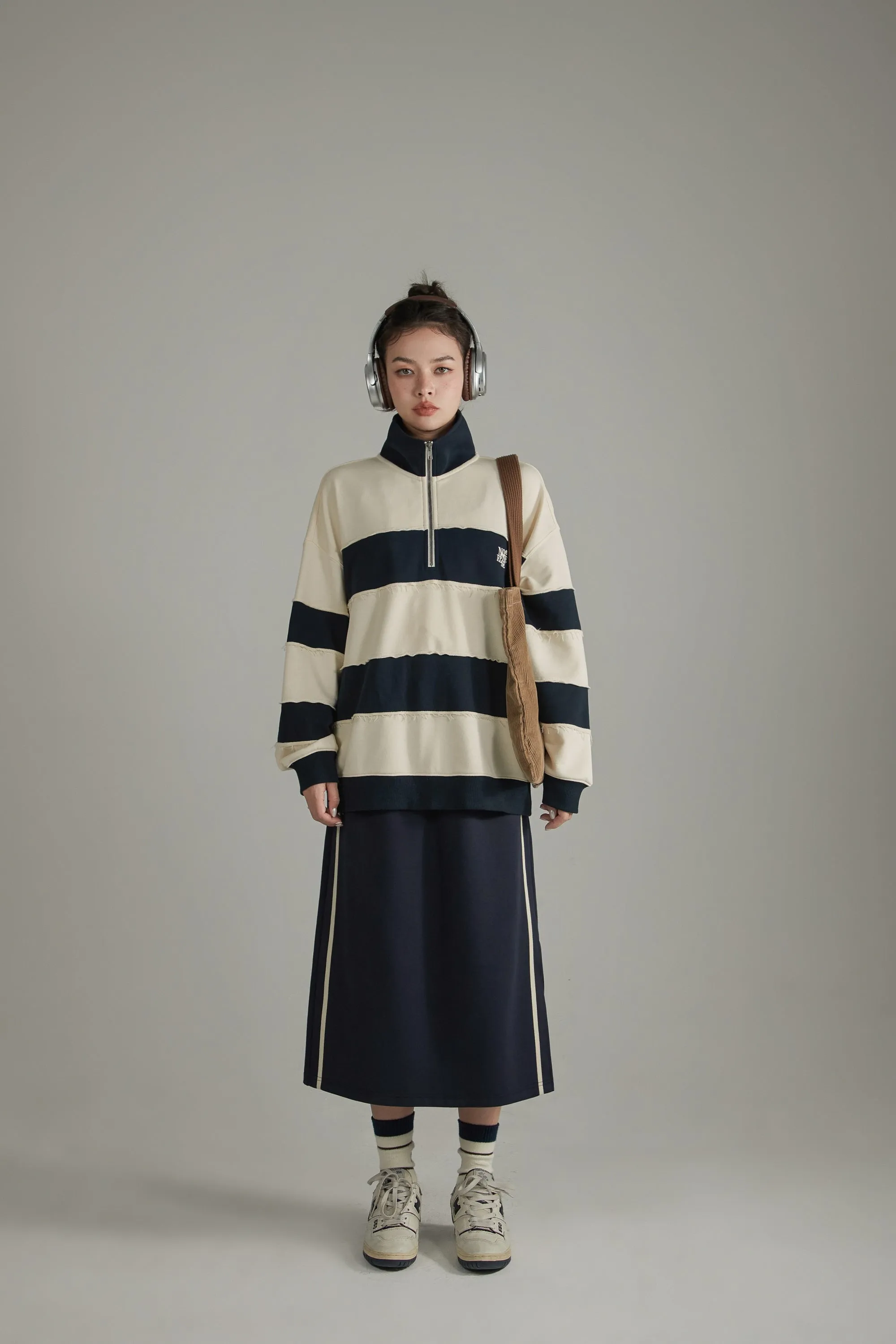 Half Zip-Up Color Striped Sweatshirt