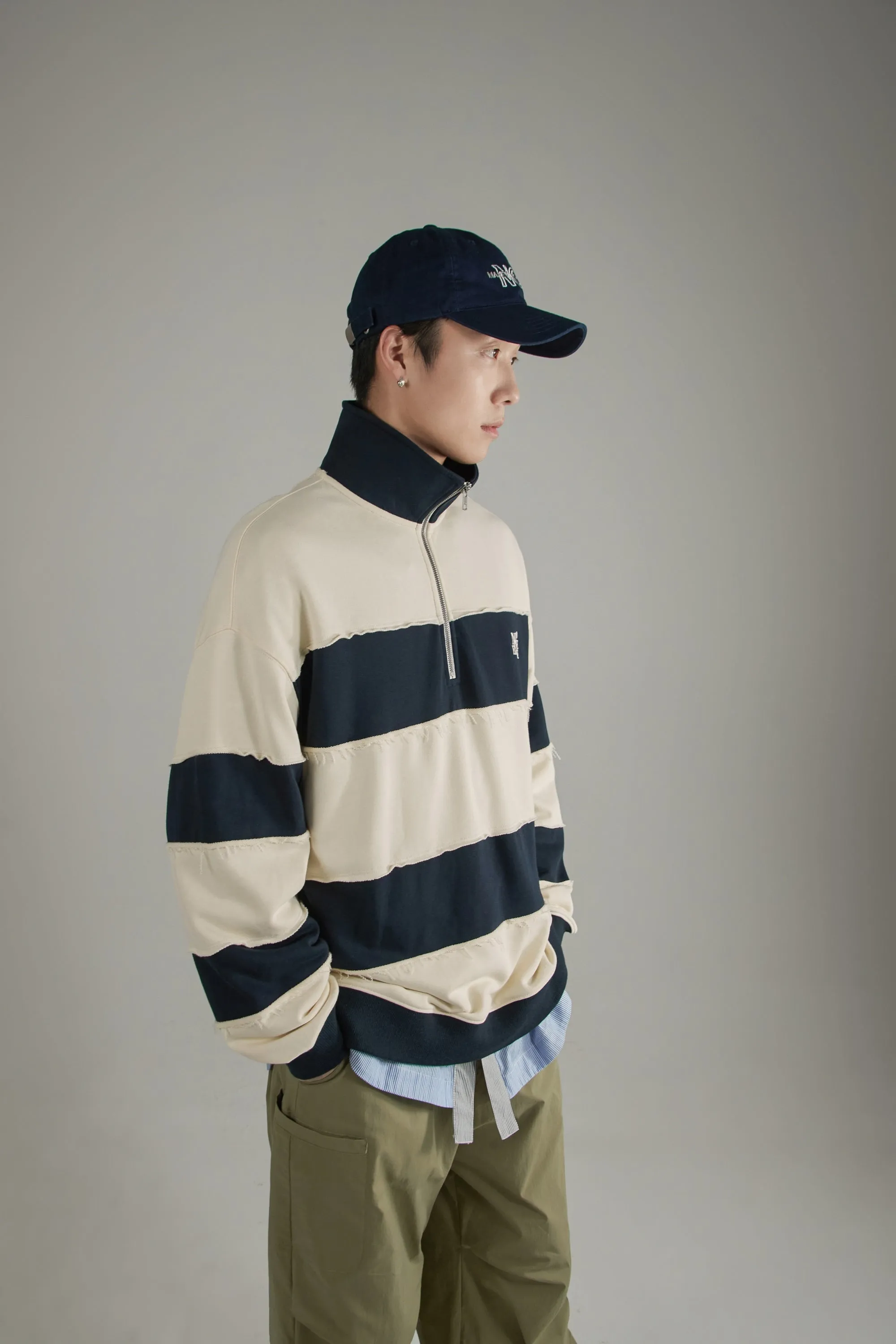 Half Zip-Up Color Striped Sweatshirt