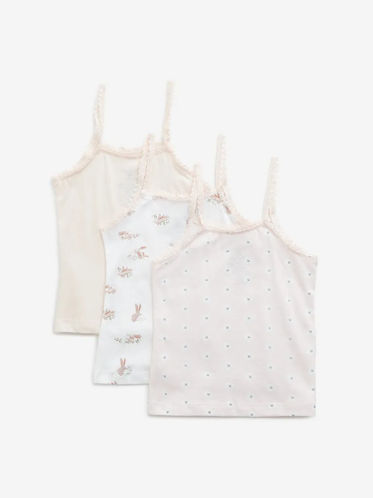 HOP Kids Light Pink Printed Cotton Camisoles - Pack of 3