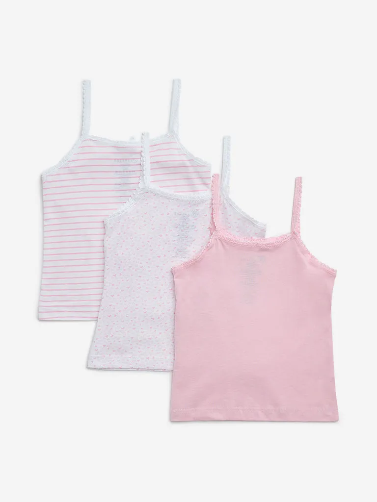 HOP Kids Pink Printed Cotton Camisoles - Pack of 3