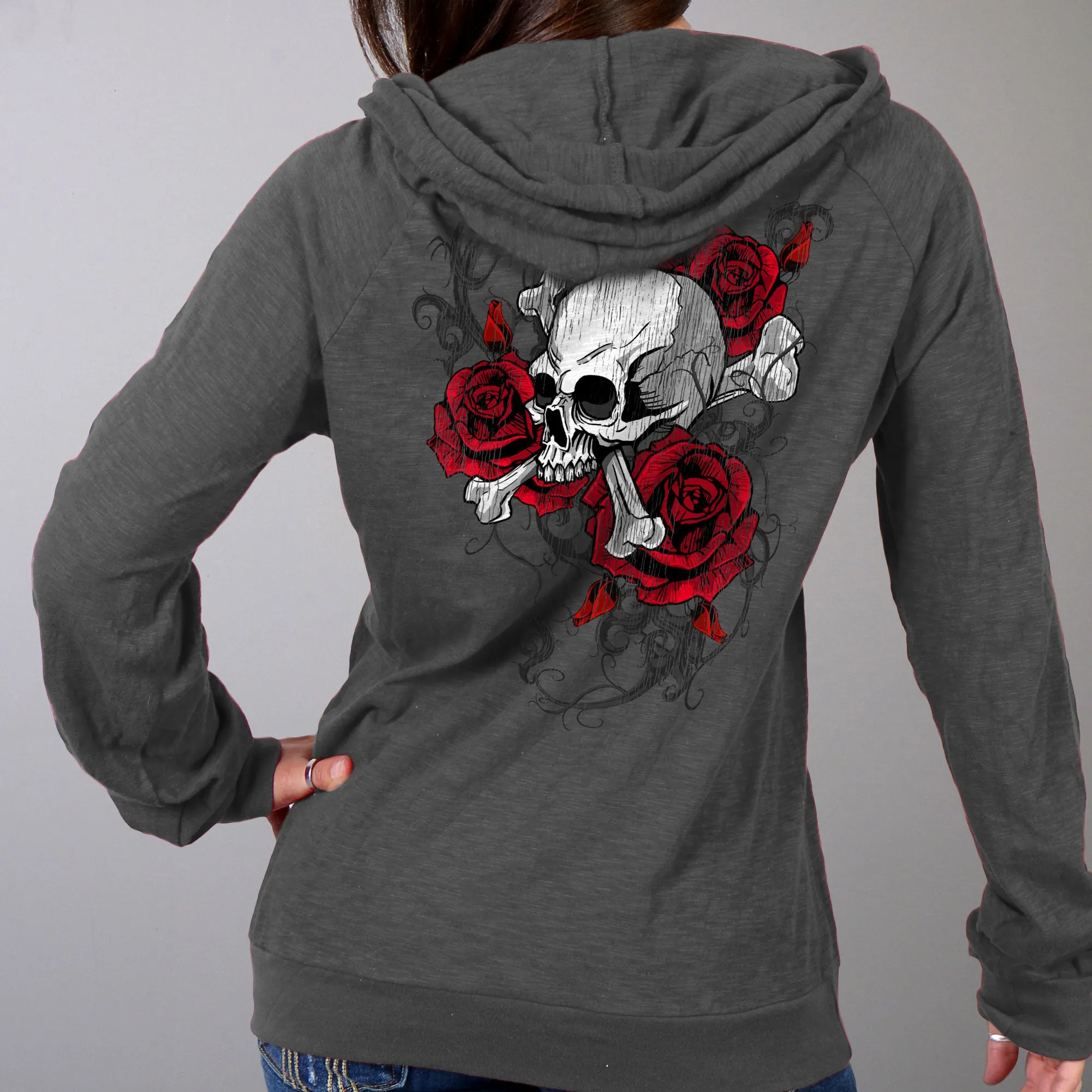 Hot Leathers Ladies Skull Roses Dark Gray Hooded Sweatshirt GLZ4525