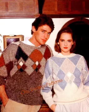 Ladies and Men's Sweater Pattern, Knitted Argyle Pullovers, Instant Download