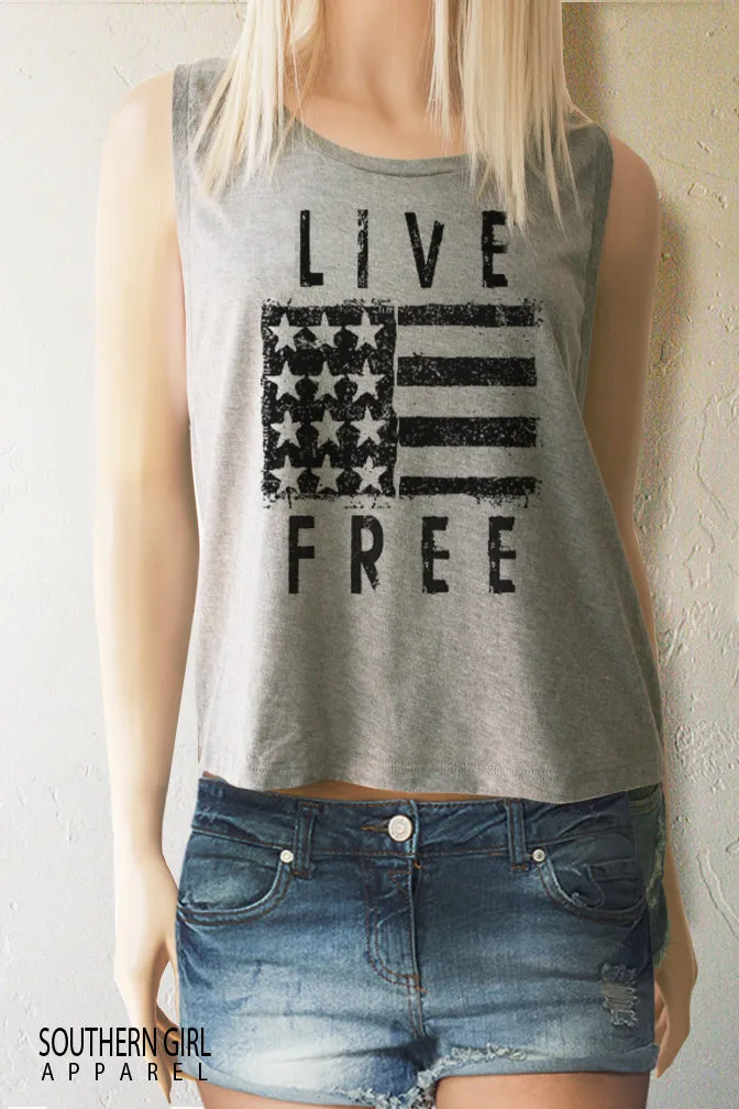 Live Free American Flag Crop Muscle Tank Top