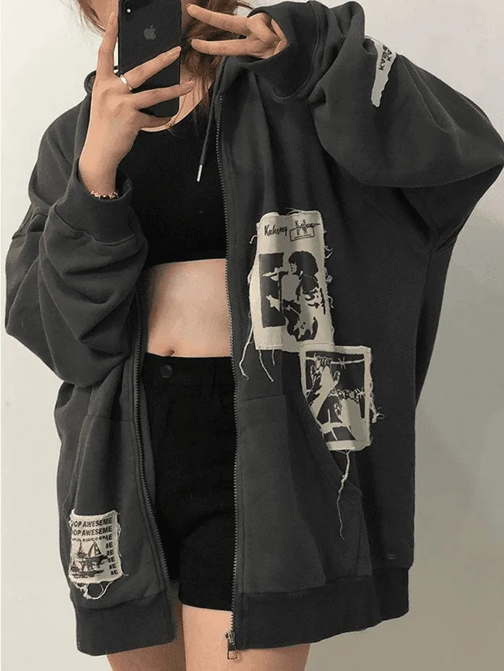 Patchwork Oversized Zip Up Hoodie