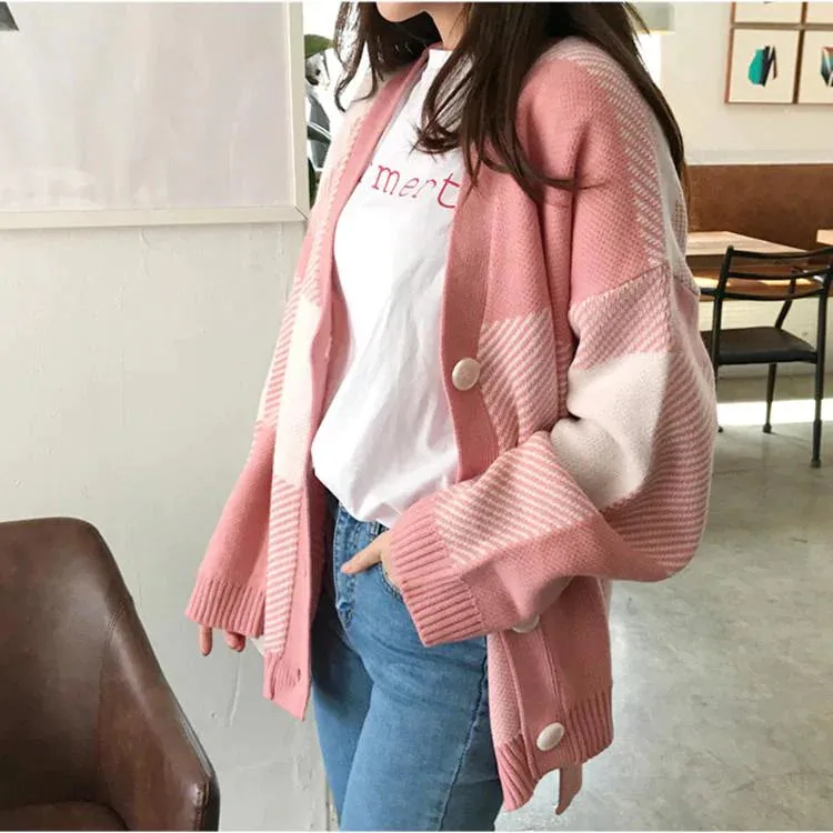 Pink Casual Plaid V-Neck Cardigan      S2797