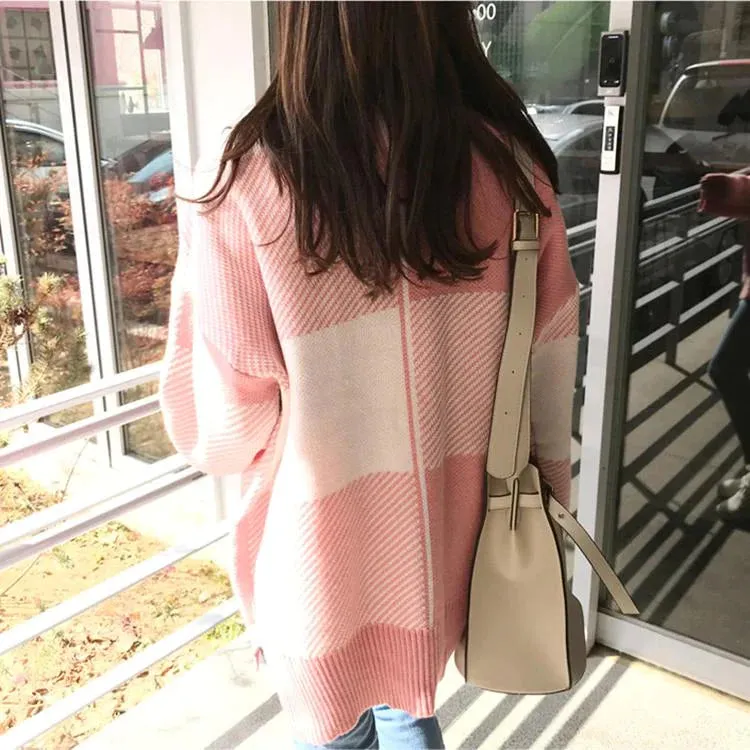 Pink Casual Plaid V-Neck Cardigan      S2797