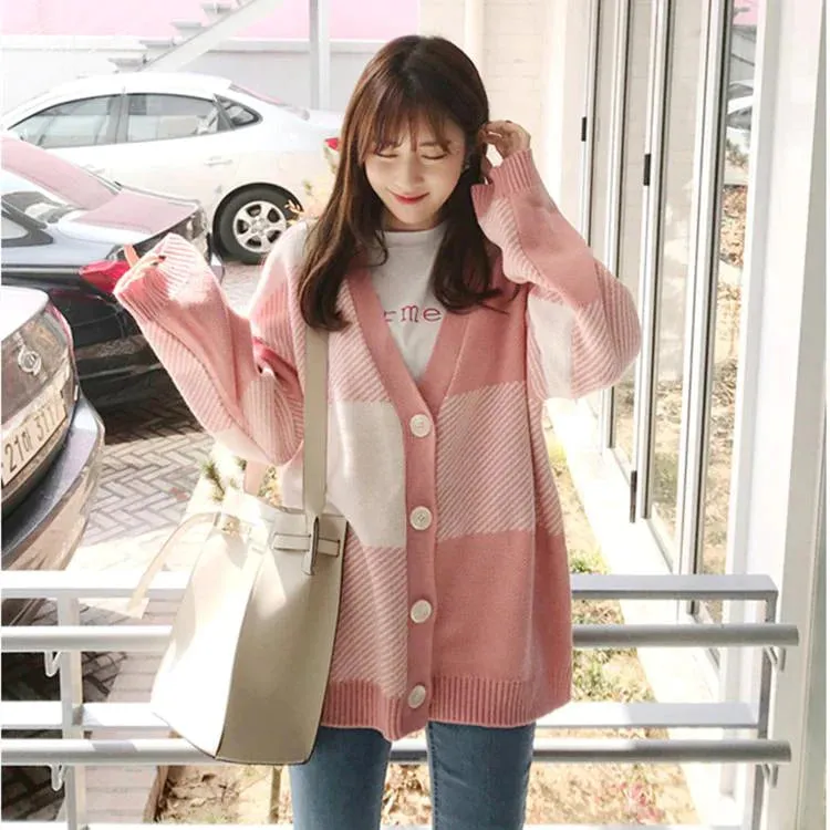 Pink Casual Plaid V-Neck Cardigan      S2797