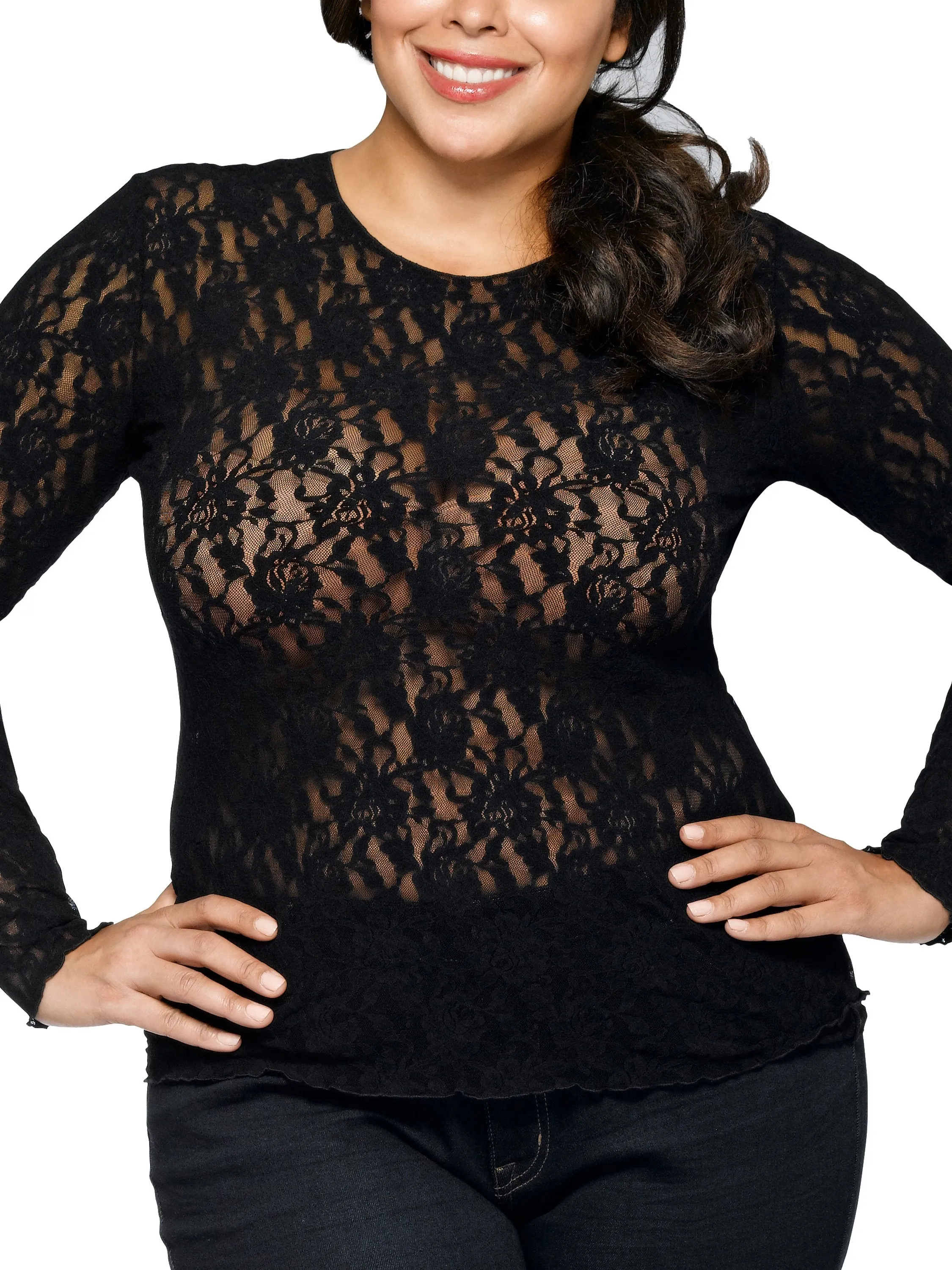 Plus Size Signature Lace Long Sleeve Top Black