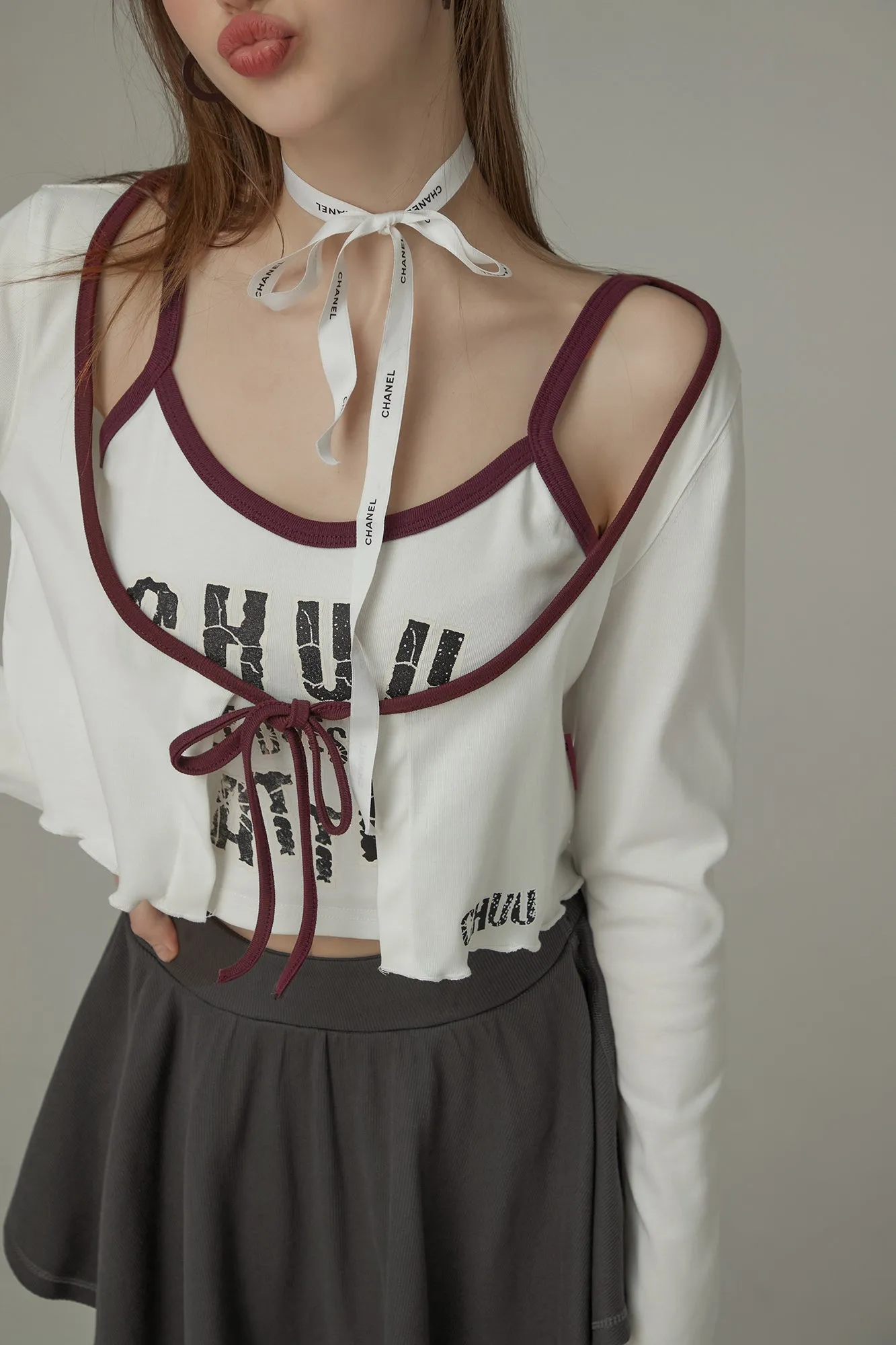 Ruffled Hem Ribbon Long Sleeve Cardigan