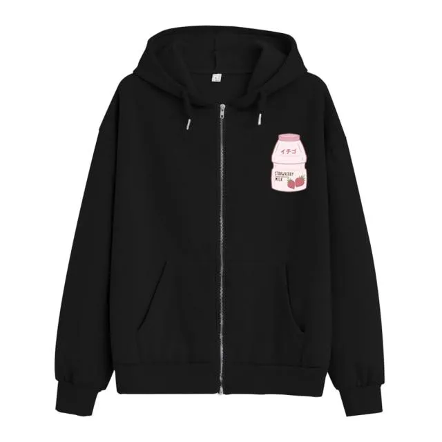 Strawberry Yogurt Bottle Soft Zip-Up Hoodie