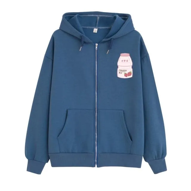 Strawberry Yogurt Bottle Soft Zip-Up Hoodie