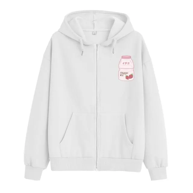 Strawberry Yogurt Bottle Soft Zip-Up Hoodie