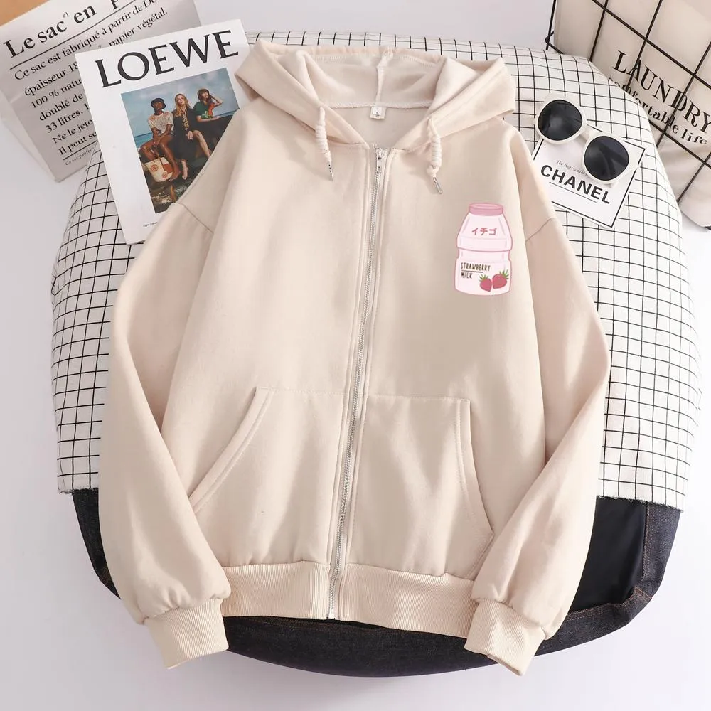 Strawberry Yogurt Bottle Soft Zip-Up Hoodie