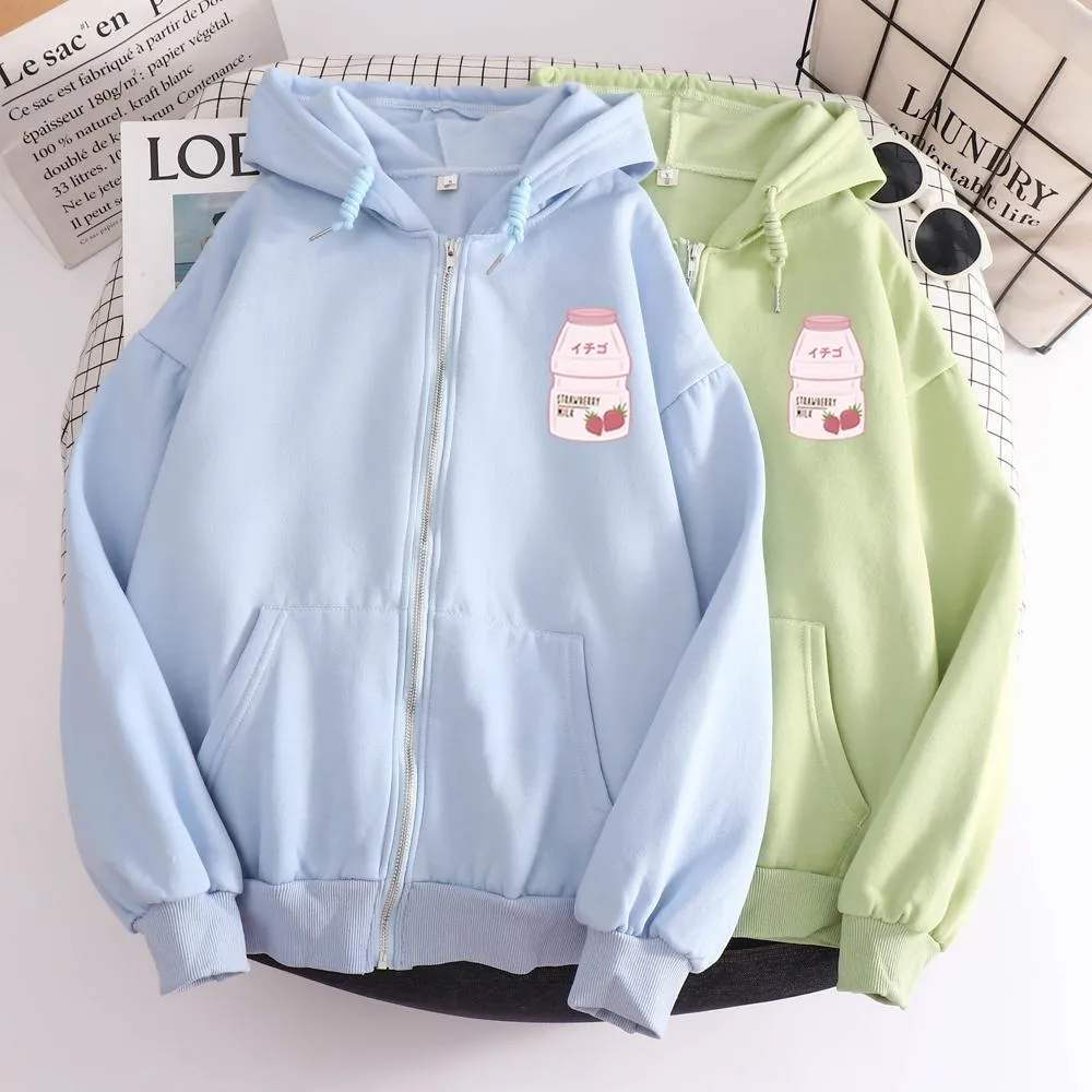 Strawberry Yogurt Bottle Soft Zip-Up Hoodie