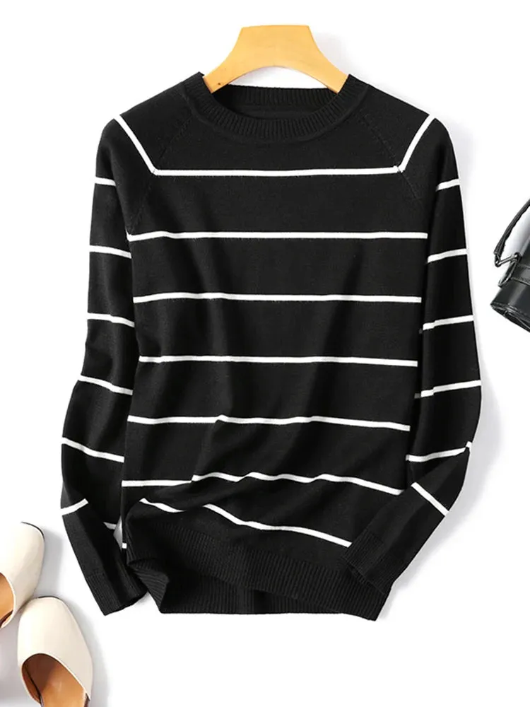 Striped Knit Pullover Sweater with Long Sleeves