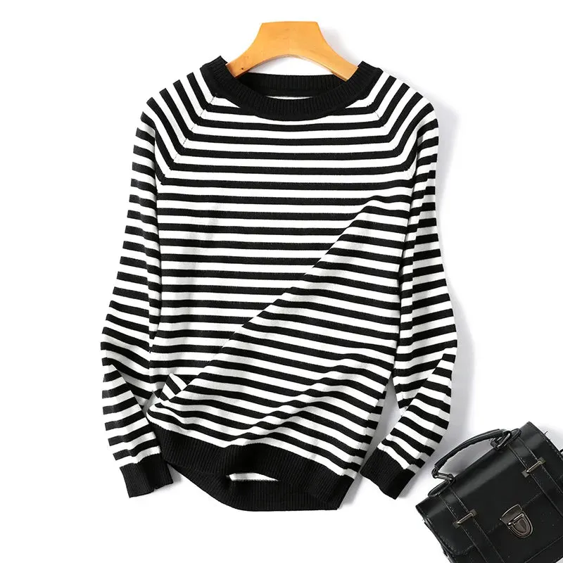 Striped Knit Pullover Sweater with Long Sleeves