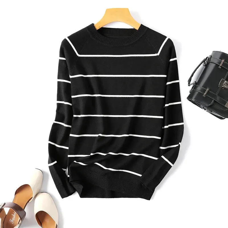 Striped Knit Pullover Sweater with Long Sleeves