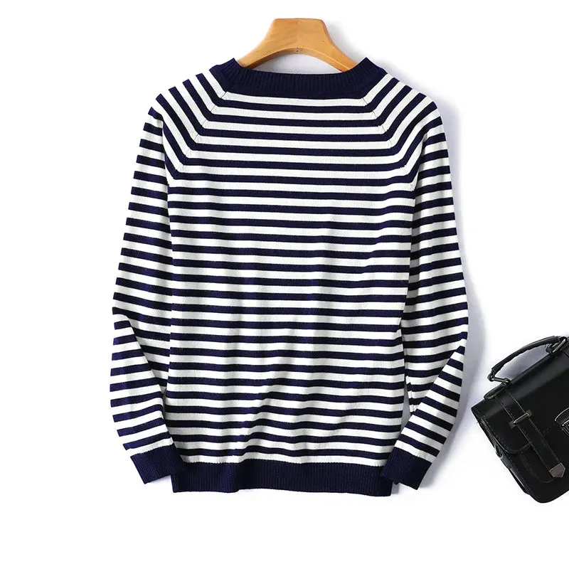 Striped Knit Pullover Sweater with Long Sleeves