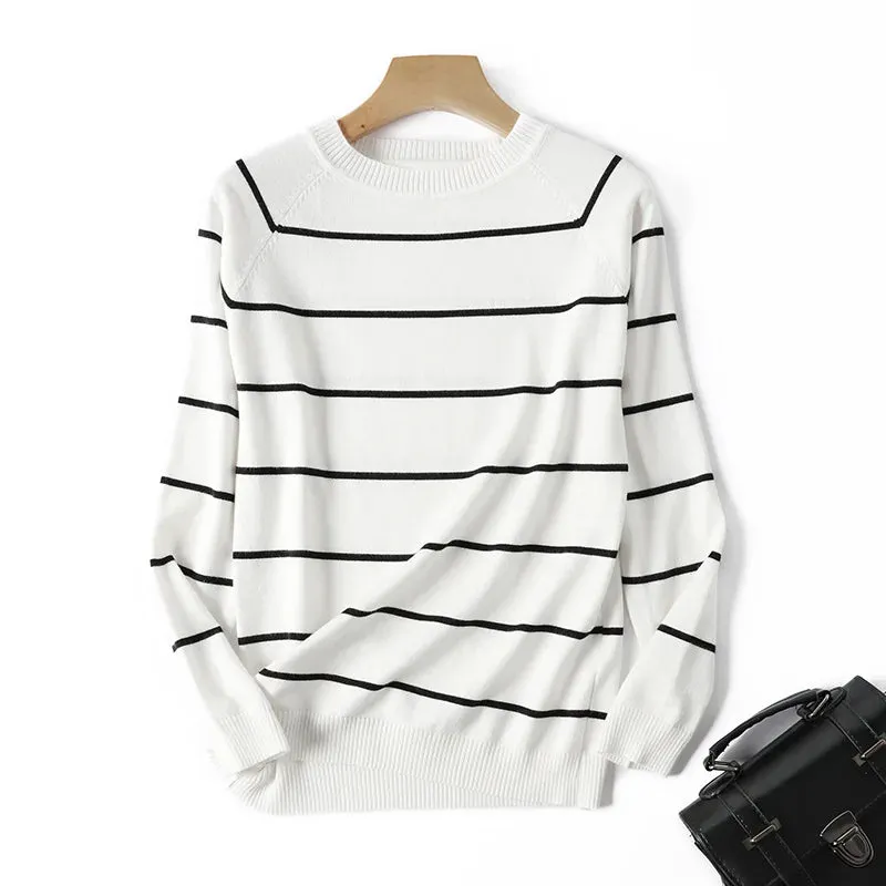 Striped Knit Pullover Sweater with Long Sleeves