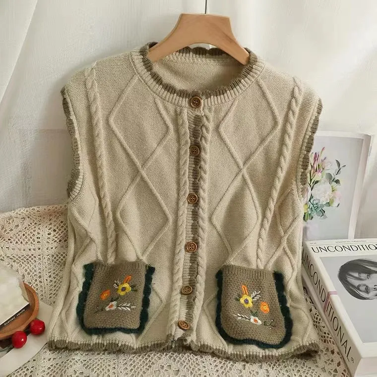 Vintage, Patchwork, Plaid, Loose Waistcoat, Embroidered Round Neck Single Breasted Cardigan Waistcoat     S4360