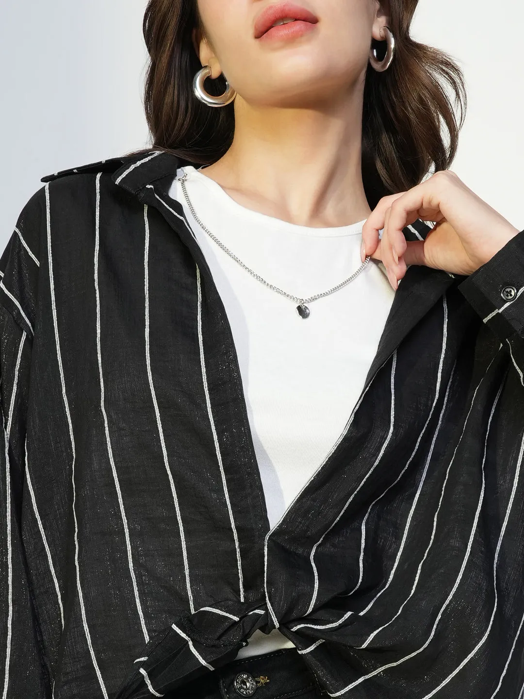 Women Black Striped Top with Tank Top and Chain