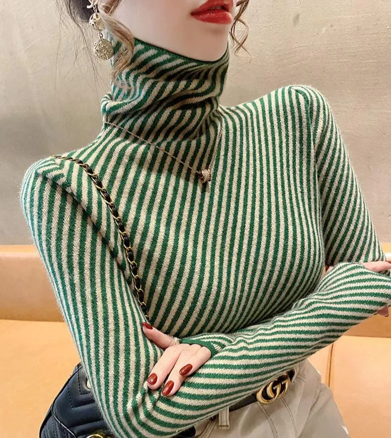 Women's Striped Cashmere Turtleneck Sweater – Slim Fit Warm Knitted Pullover for Winter