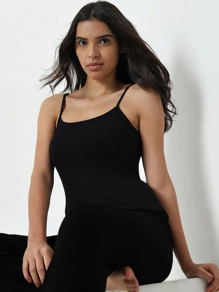 Wunderlove Black Ribbed Cotton Blend Camisole