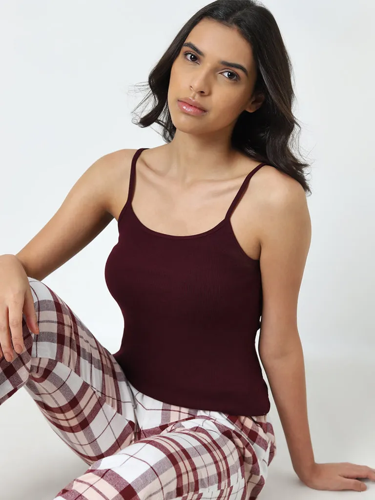 Wunderlove Maroon Ribbed Cotton Blend Camisole